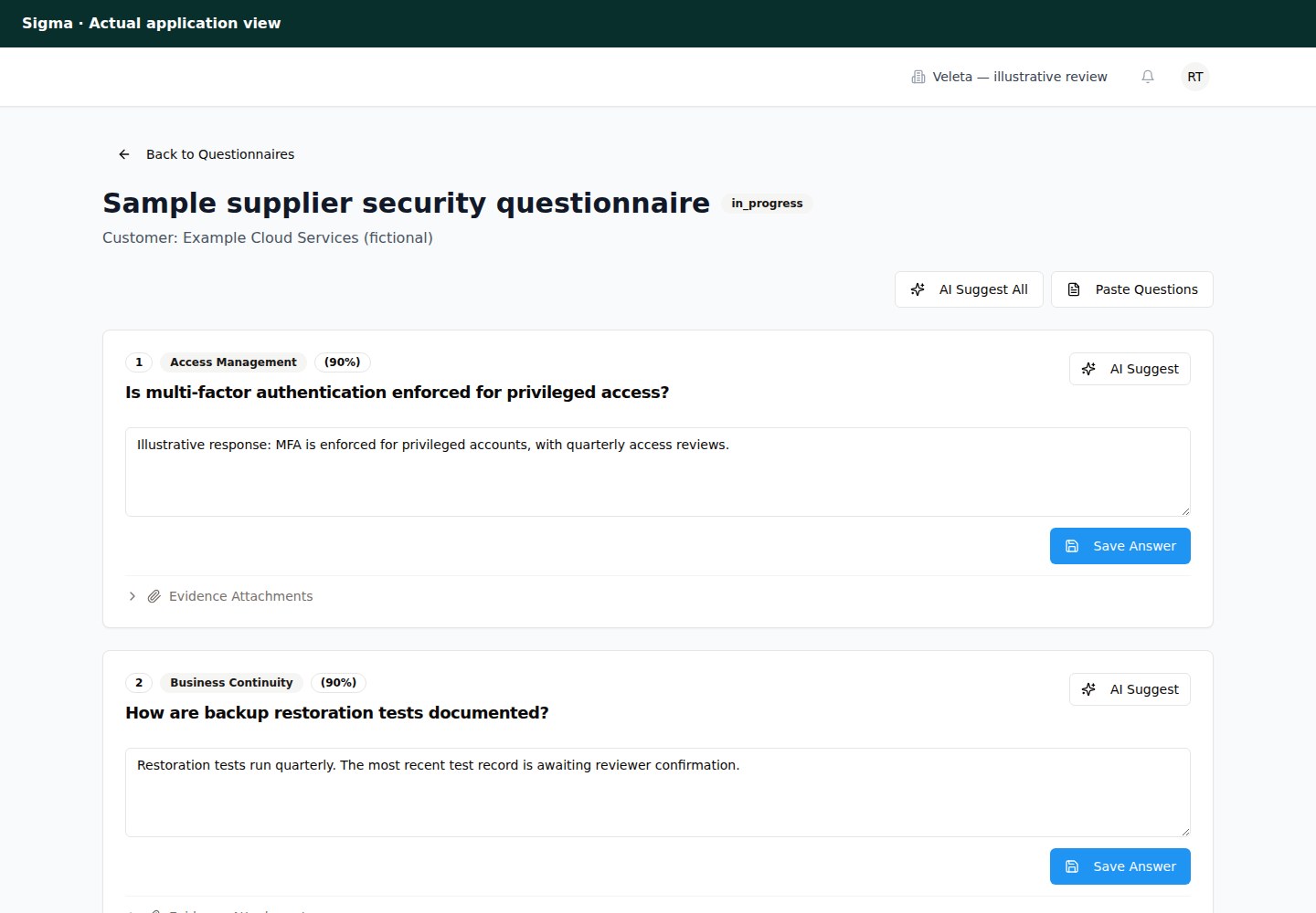 Sigma questionnaire response workspace with sample questions and answers.